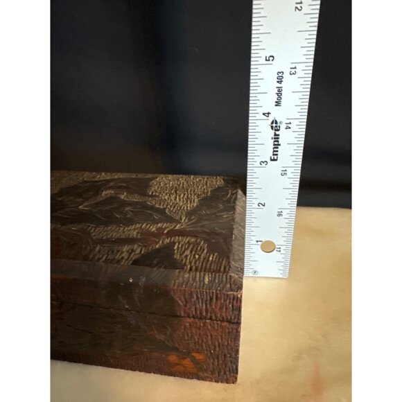 Antique Handcrafted Wooden Jewelry Box With Etching of Woman Satin Lining & Carv - Picture 9 of 9